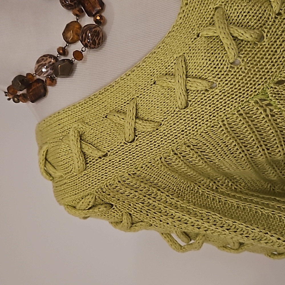RUBY RD. lime yellow green chunky knit sweater Lg. tie detail - Picture 4 of 6